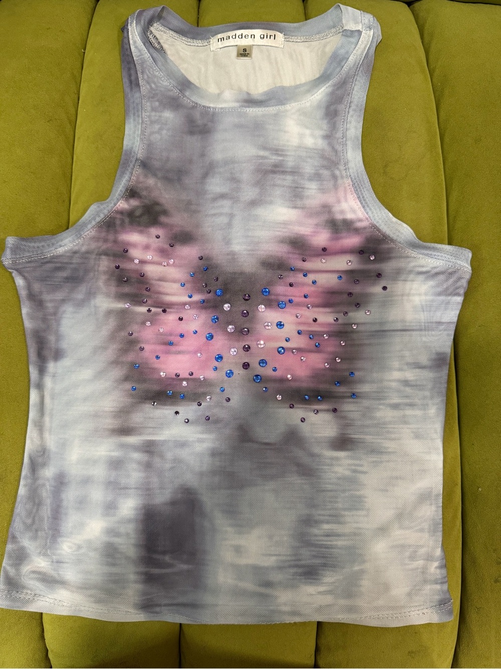 Madden Girl Pink, Gray & Blue Crystal Butterfly Tie-Dye Tank